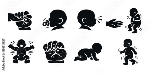 Silhouette icons of baby actions on dark background