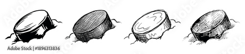 Set of four hand-drawn hockey pucks in a dynamic black and white sketch style, showcasing various hatching and line art techniques for a gritty, energetic feel