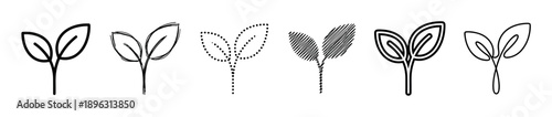Set of six black sprout icons shows different artistic styles including hand-drawn sketch, dotted outline, scribble fill, and continuous line art for ecology concepts