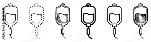 Set of six intravenous drip bag icons in various graphic styles including line art, dashed outline, doodle, and bold sketch for medical or healthcare concepts