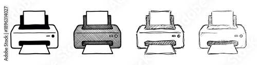 Set of four printer illustrations in a hand-drawn doodle style, showcasing various sketching techniques like clean line art, cross-hatching, and messy scribbles