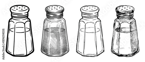 Set of four glass salt shakers drawn in black and white, showcasing different artistic techniques from clean outlines to detailed engraving and expressive hand-drawn sketches