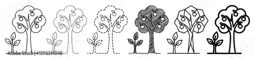 Set of six black and white apple tree icons showing growth from a small sprout, illustrated in various artistic styles including line, dotted, dashed, and geometric