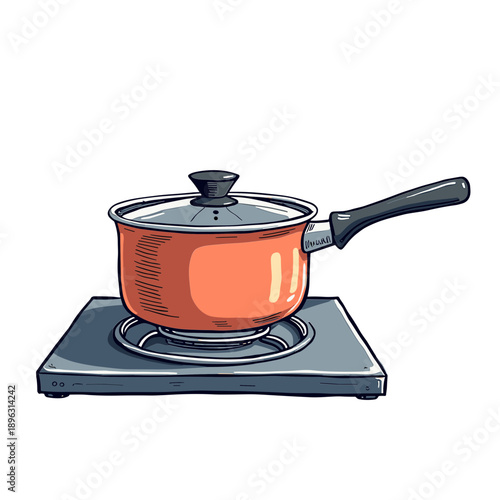 A saucepan heating on an electric stove in warm illustrated style with homey colors. Concept of comfort food preparation - cozy kitchen routine - winter warmth