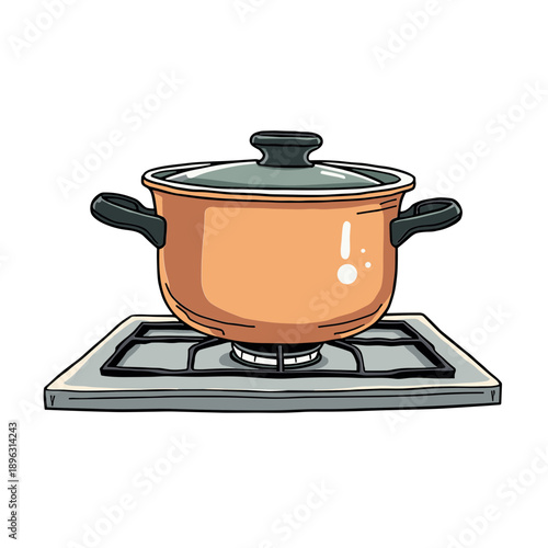 A cooking pot boiling on a gas stove in cozy home kitchen style with warm tones. Concept of homemade food and cooking warmth - kitchen process - winter comfort