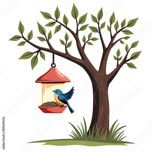 A bird feeding at a hanging feeder on a blooming tree in vibrant spring style. Concept of seasonal nature awakening - springtime - wildlife care