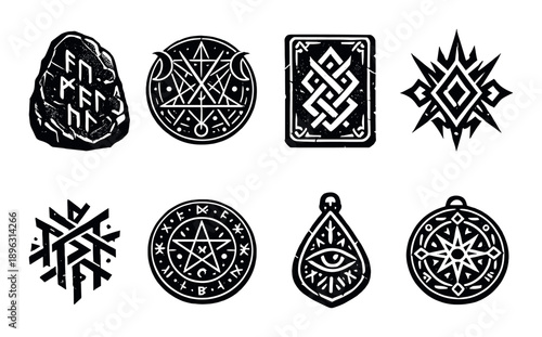 Mystical symbols: rune stone, celtic knot, illuminati eye, magic star designs
