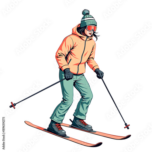 A skier gliding downhill in motion on snowy slope in colorful illustrated winter style. Concept of winter sport and active lifestyle - skiing - cold weather adventure