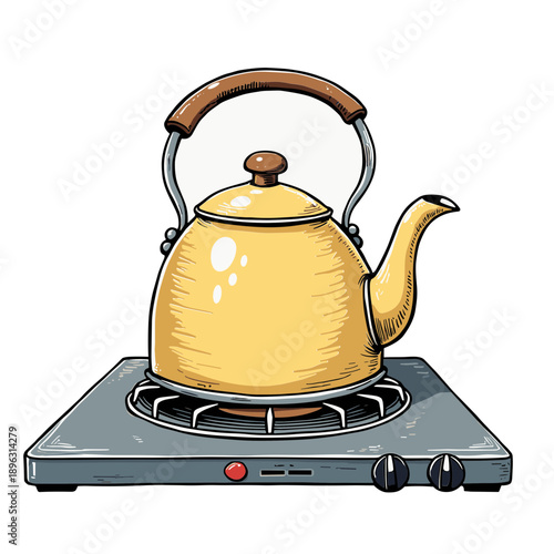 A yellow teapot heating on a gas burner in cozy kitchen scene with steam effect. Concept of warmth and comfort in winter - hot tea preparation - homely ritual
