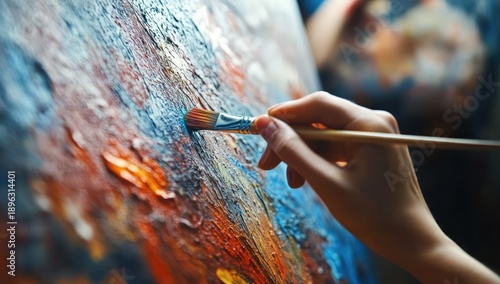 A hand holds a paintbrush, applying vibrant colors to a textured canvas, creating an abstract art piece.
