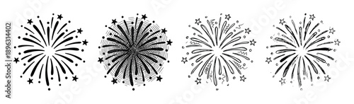 Set of four hand-drawn firework bursts in a black and white doodle style, showing different sketchy illustrations for celebrating a party, anniversary, or festive holiday