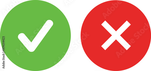 Green check mark and red cross icons representing approval and rejection, correct and incorrect choice, validation result, confirmation status, and decision feedback concept