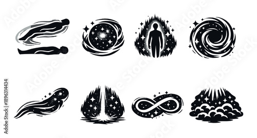 Monochrome cosmic symbols: astral travel, spiritual awakening, infinity, and celestial elements