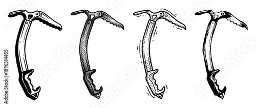 Four black and white ice axe illustrations in a hand-drawn sketch style showing different hatching and shading techniques for mountaineering and climbing equipment concepts