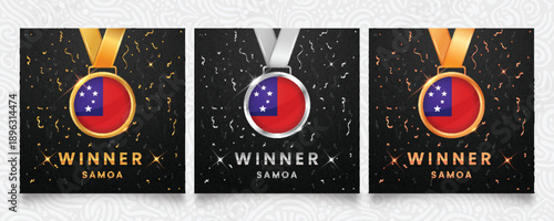 Samoa winner set featuring gold, silver, and bronze medals with the national flag design, displayed on a dark background with festive confetti, sparkling highlights and elegant patterns