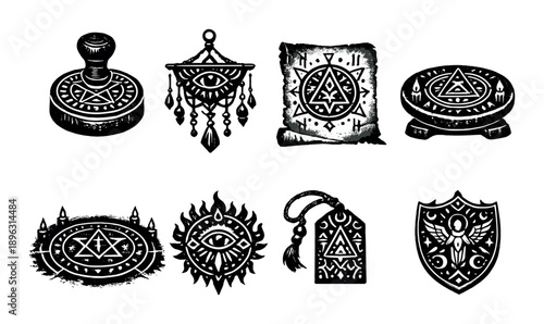 Mystical symbols set: eyes, triangles, and shields in black and white design