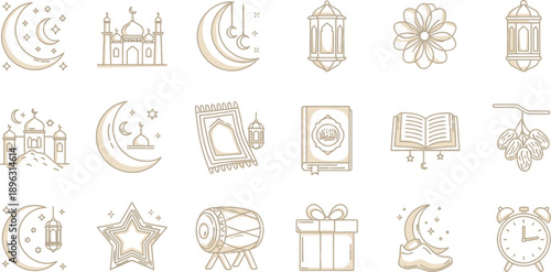 Ramadan celebration icons with mosque, crescent moon, lantern, and gift illustrations