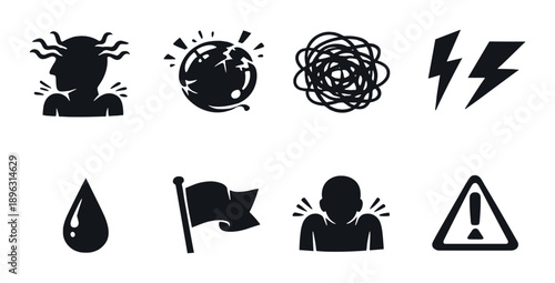 Set of eight abstract black and gray stress and alert symbols on dark background