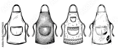 Four hand-drawn kitchen aprons in a row are illustrated in a black and white sketch style with various patterns, textures, and pockets for cooking or crafting