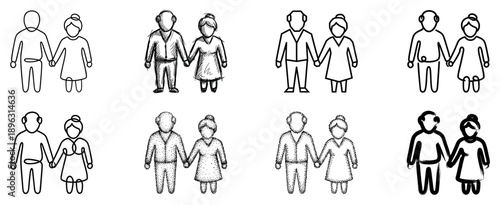Set of elderly couple icons in various hand-drawn styles, including sketch, line art, stippling, and brush stroke illustrations of seniors holding hands