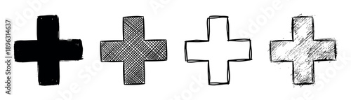 Four hand-drawn black plus signs showing different artistic styles including solid fill, cross-hatching, simple outline, and a distressed grunge texture for graphic design elements