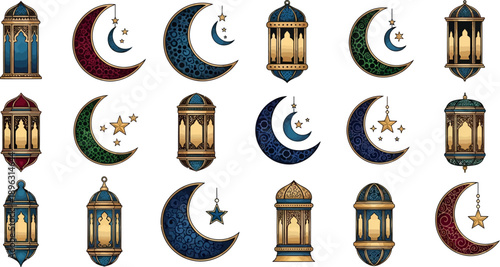 Ramadan celebration lanterns and crescent moons with stars on white background