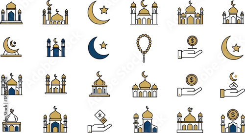 Illustrations of mosques and symbols for Ramadan, with crescent moons and hands giving.