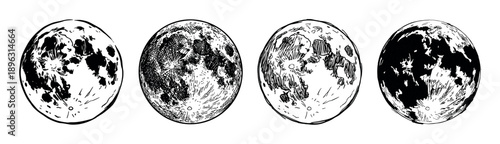 Four hand-drawn full moon illustrations in a set, showcasing various graphic styles like sketch, engraving, and high-contrast ink for a celestial or astronomical concept