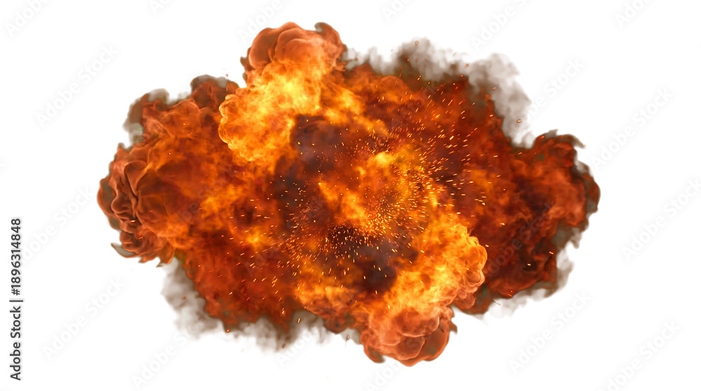 Fototapeta premium Massive fire explosion cloud isolated on transparent background, high detail flames and smoke forming a powerful blast effect, cinematic explosion fire png with transparency.