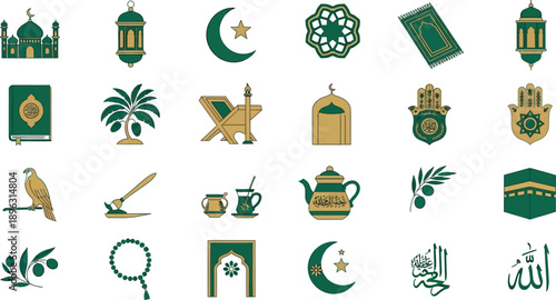 Ramadan celebration icons with mosque, crescent moon, and traditional symbols on white background