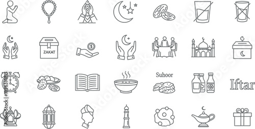 Ramadan celebration icons with mosque, food, clock, and gifts