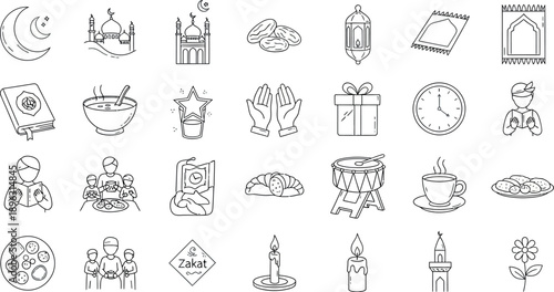Ramadan celebration icons with mosque, food, and gifts in a joyful atmosphere.