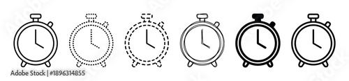 Collection of six minimalist stopwatch icons in black and white, featuring different line styles such as solid, dotted, dashed, and a hand-drawn sketch for web or app design