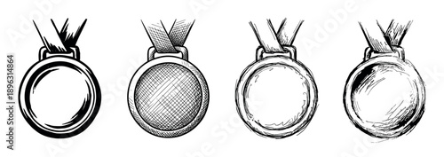 Set of four hand-drawn award medals with ribbons, illustrated in a black and white ink sketch style, symbolizing victory, achievement, and winning a competition