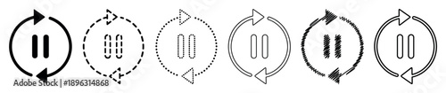 Set of black replay pause icons in various design styles including solid, outline, dashed, dotted, and hand-drawn scribble for user interface design concepts
