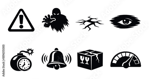 Black and white warning icons: danger, ghost, cracked surface, eye, clock, bell, fragile box, speed