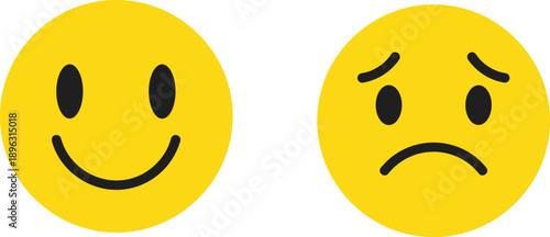 Happy and sad emoji face icons representing positive and negative emotions, mood change, user reaction, feedback expression, and simple emotional symbols on white background
