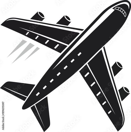 Commercial Airplane in Flight, Black and White Illustration.