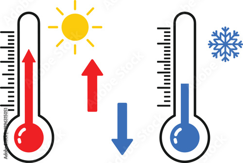 Hot and cold thermometer icons with sun and snowflake symbols representing temperature change, weather forecast, climate control, heating and cooling concept on white background