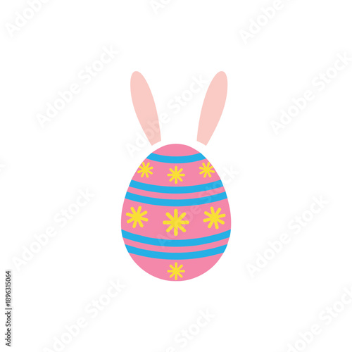 Colorful pink Easter egg with blue stripes and yellow star patterns decorated with bunny ears icon isolated on white background vector