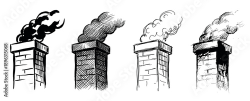 Four hand-drawn brick chimneys with smoke shown in a collection of different artistic sketch styles, including simple line art, detailed cross-hatching, and a bold silhouette