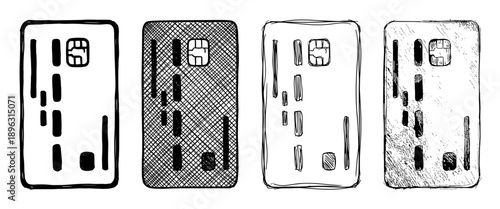 Four hand-drawn credit card illustrations in a sketchy doodle style showing different variations of line art and cross-hatch shading for finance and payment concepts