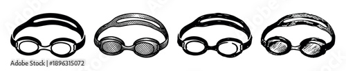 Four pairs of black swimming goggles in a hand-drawn sketch style, showcasing different artistic textures and line work for a graphic and minimalist sports equipment concept