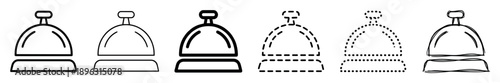 Collection of hotel reception bell icons in various outline styles, including solid, thick, dashed, dotted, and hand-drawn sketch for user interface and graphic design