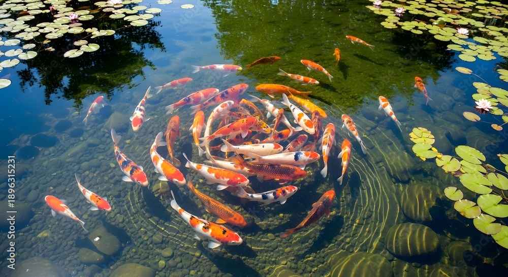 custom made wallpaper toronto digitalColorful koi fish swimming in pond surrounded by lily pads and sunlight