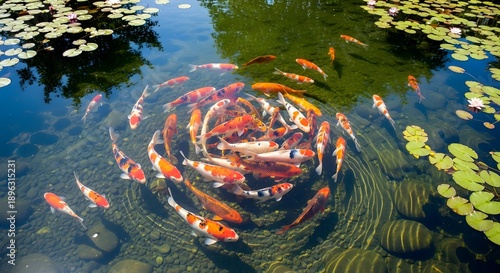 Wallpaper Mural Colorful koi fish swimming in pond surrounded by lily pads and sunlight Torontodigital.ca