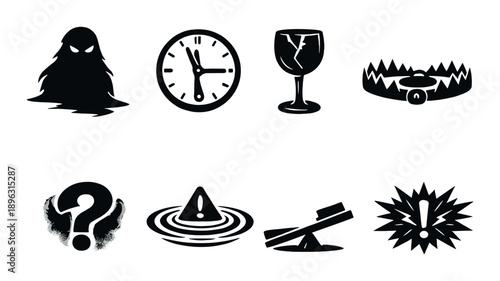 Dark silhouette icons: ghost, clock, wine glass, bear trap, question mark, hazard sign