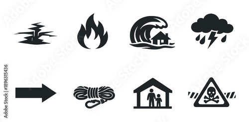 Dark icons representing earthquake, fire, flood, storm, rope, shelter, and hazard warnings