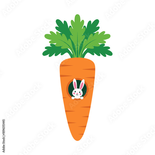 Cute little white rabbit peeking out from a hole in a large orange carrot, creative spring animal concept vector illustration isolated on white