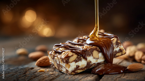 Artisan nut chocolate bar sliced in half on a rustic surface, glossy chocolate drizzle flowing down in motion, warm cinematic tones, professional food photography © Maksym